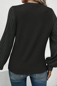 Thumbnail for Black Buttoned V Neck Ribbed Puff Sleeve Top-20