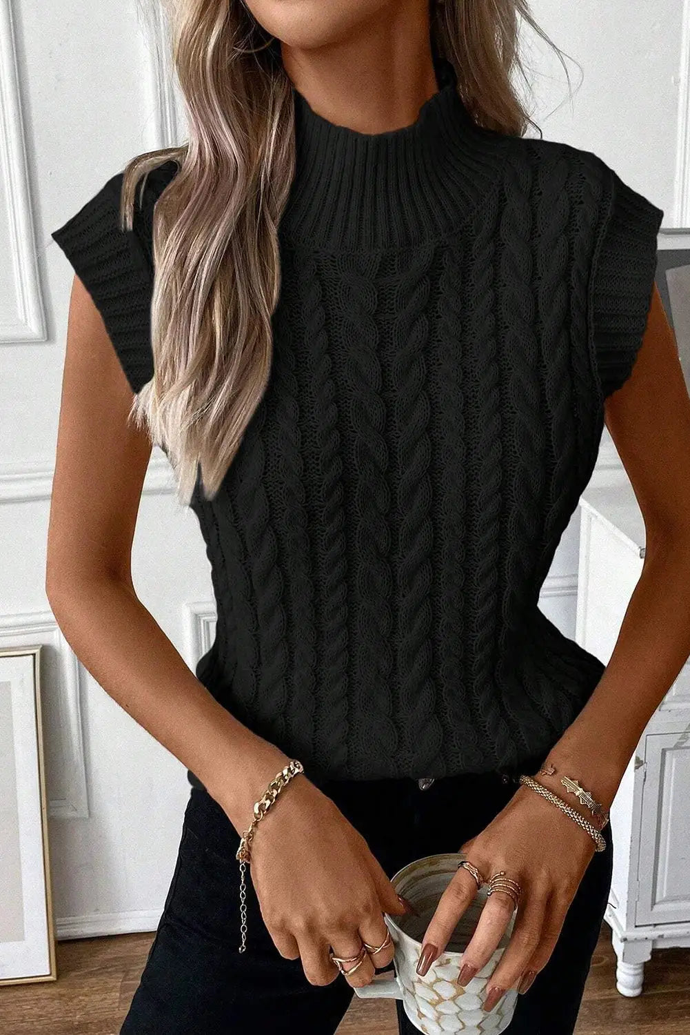 Black Cable Knit High Neck Sweater Vest-5