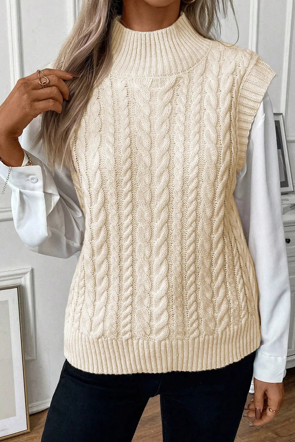 Black Cable Knit High Neck Sweater Vest-11