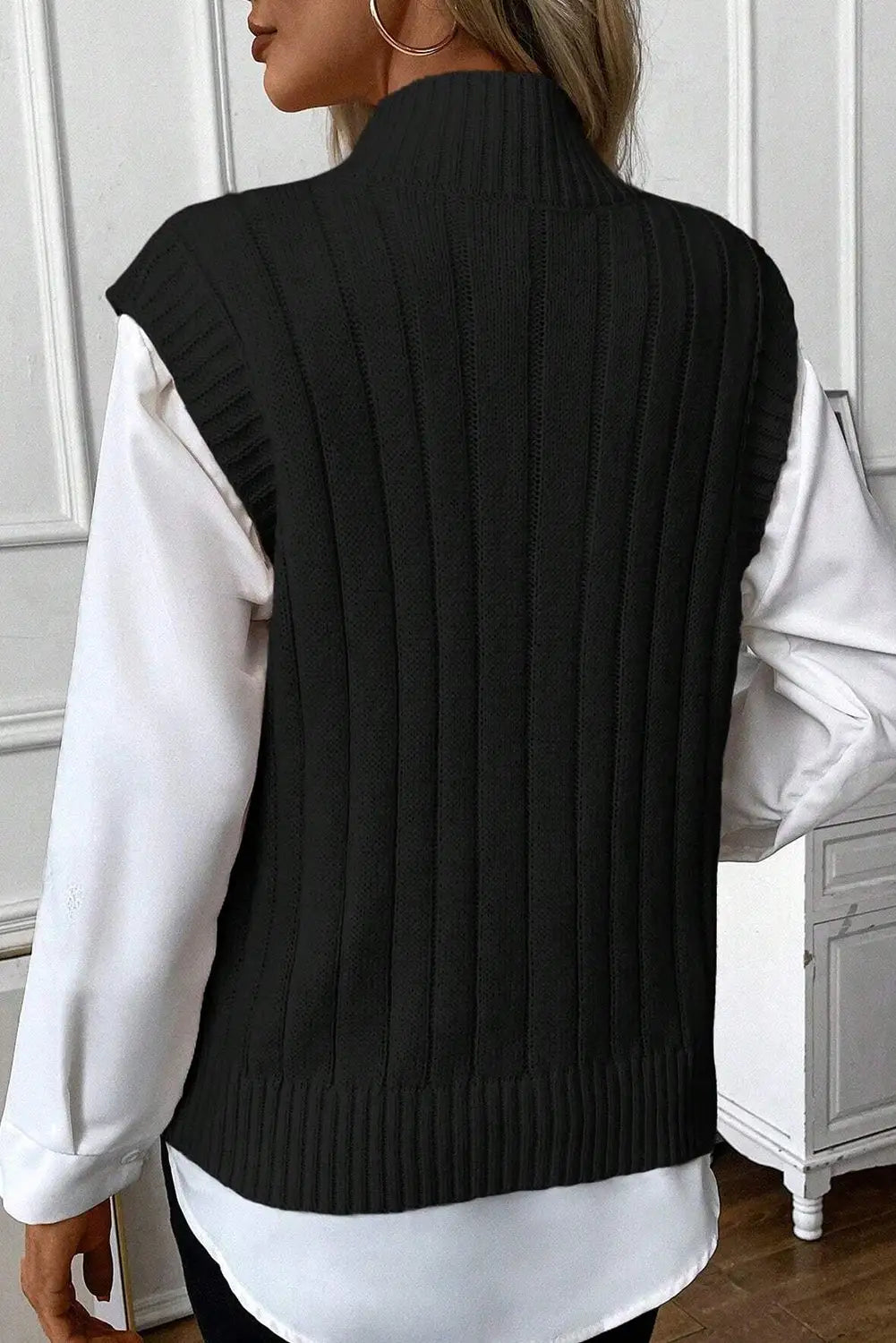 Black Cable Knit High Neck Sweater Vest-1