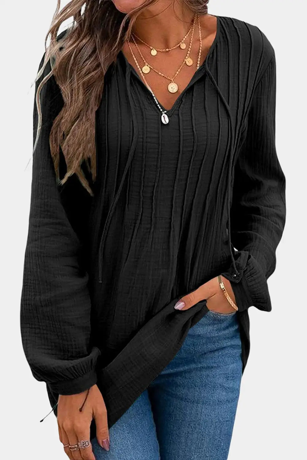 Black Casual Pleated V Neck Textured Loose Top-0