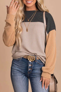 Thumbnail for Black Color Block Long Sleeve Ribbed Loose Top-0