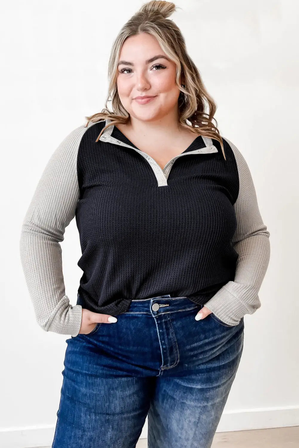 Black Color Contrast Waffle Knit Buttoned Plus Size Top-3