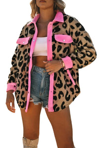 Thumbnail for Black Contrast Trimmed Leopard Teddy Shacket-33