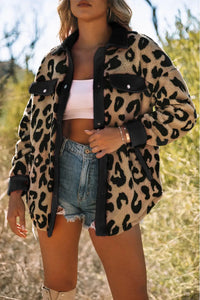 Thumbnail for Black Contrast Trimmed Leopard Teddy Shacket-4
