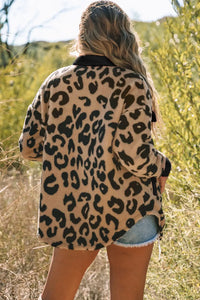 Thumbnail for Black Contrast Trimmed Leopard Teddy Shacket-1