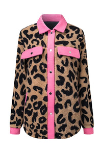 Thumbnail for Black Contrast Trimmed Leopard Teddy Shacket-19