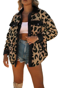 Thumbnail for Black Contrast Trimmed Leopard Teddy Shacket-13