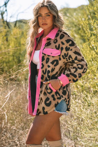 Thumbnail for Black Contrast Trimmed Leopard Teddy Shacket-16