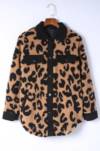 Thumbnail for Black Contrast Trimmed Leopard Teddy Shacket-5