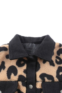 Thumbnail for Black Contrast Trimmed Leopard Teddy Shacket-11