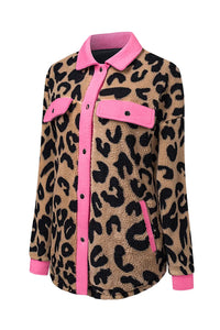 Thumbnail for Black Contrast Trimmed Leopard Teddy Shacket-21