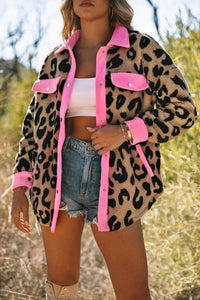 Thumbnail for Black Contrast Trimmed Leopard Teddy Shacket-14