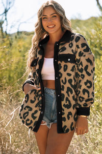 Thumbnail for Black Contrast Trimmed Leopard Teddy Shacket-0