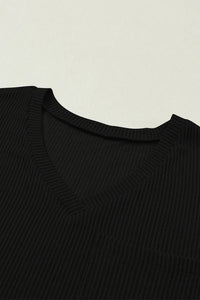 Thumbnail for Black Corded V Neck Chest Pocket Loose T-shirt-7