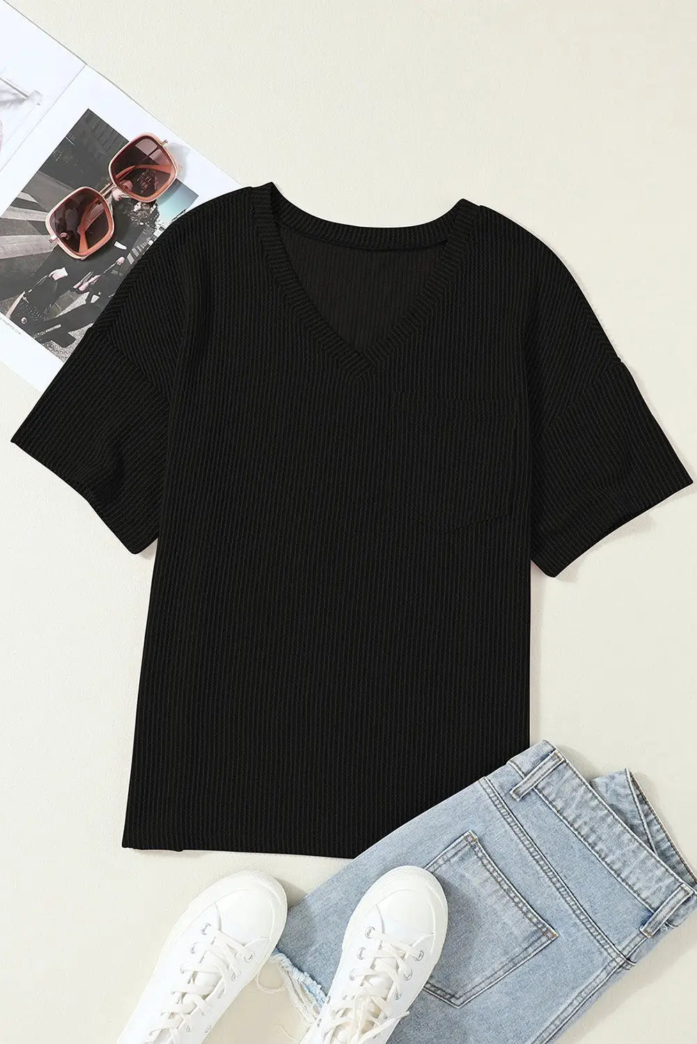 Black Corded V Neck Chest Pocket Loose T-shirt-5