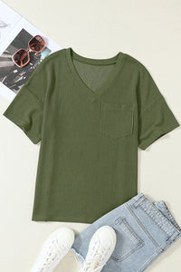 Thumbnail for Black Corded V Neck Chest Pocket Loose T-shirt-30