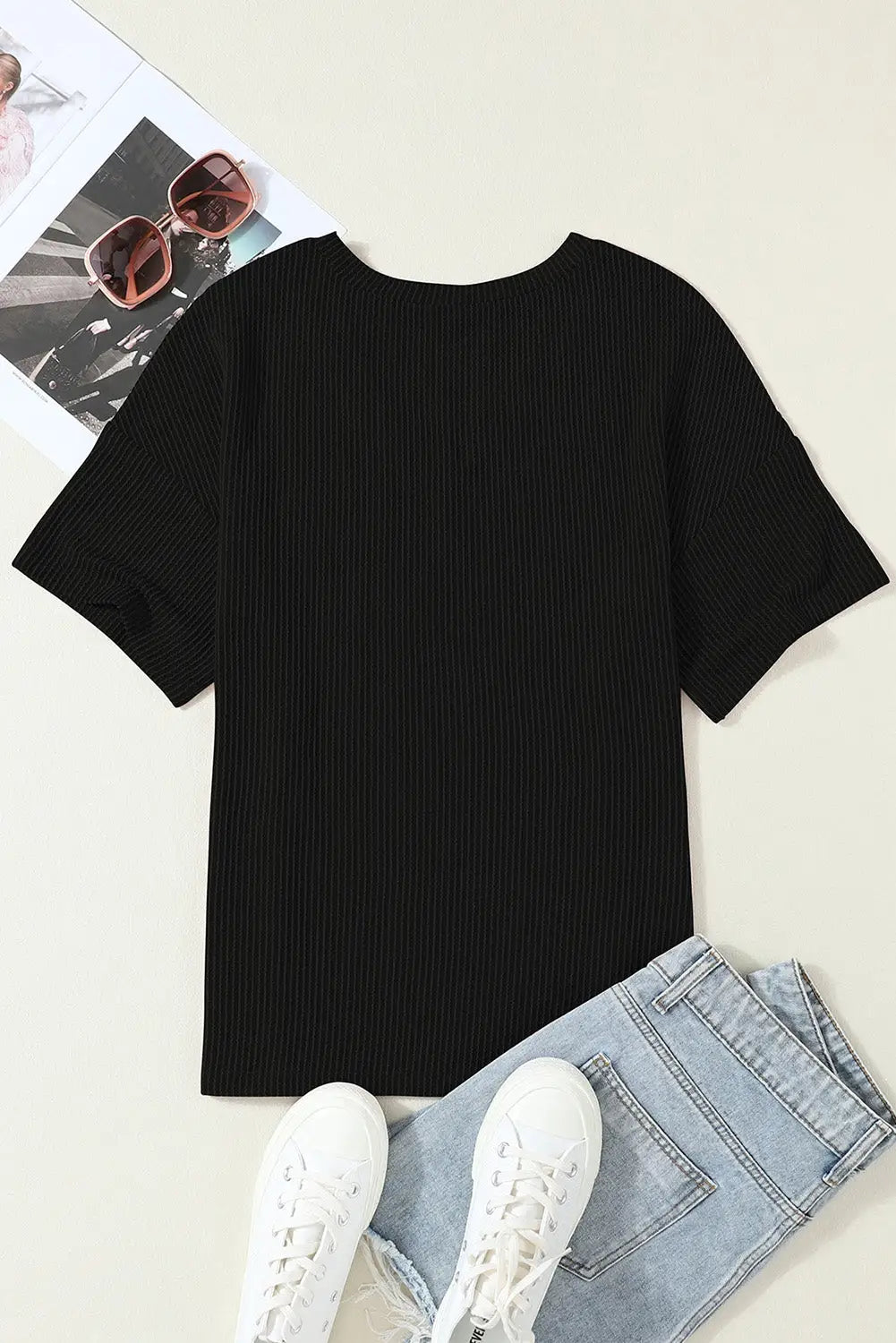 Black Corded V Neck Chest Pocket Loose T-shirt-6