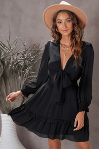 Thumbnail for Black Deep V Neck Lantern Sleeve Knotted Tiered Mini Dress-9