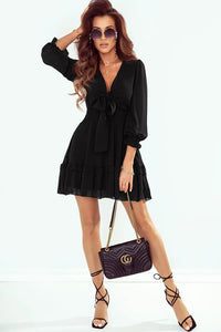 Thumbnail for Black Deep V Neck Lantern Sleeve Knotted Tiered Mini Dress-4