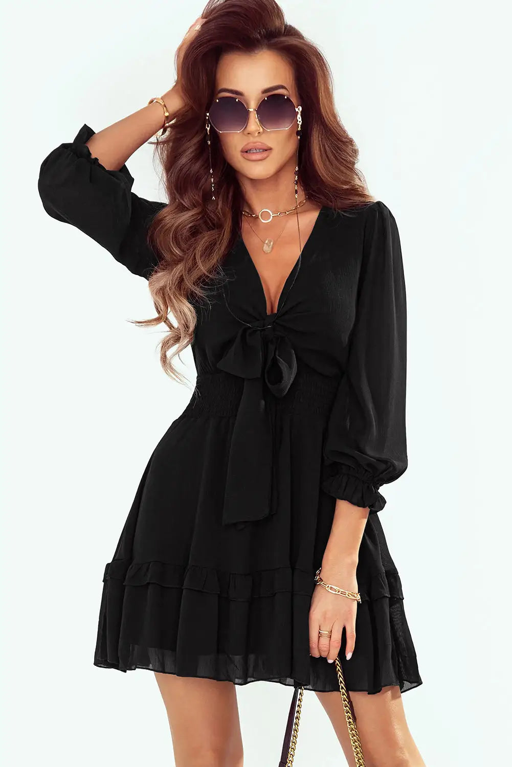 Black Deep V Neck Lantern Sleeve Knotted Tiered Mini Dress-2