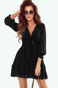 Thumbnail for Black Deep V Neck Lantern Sleeve Knotted Tiered Mini Dress-2