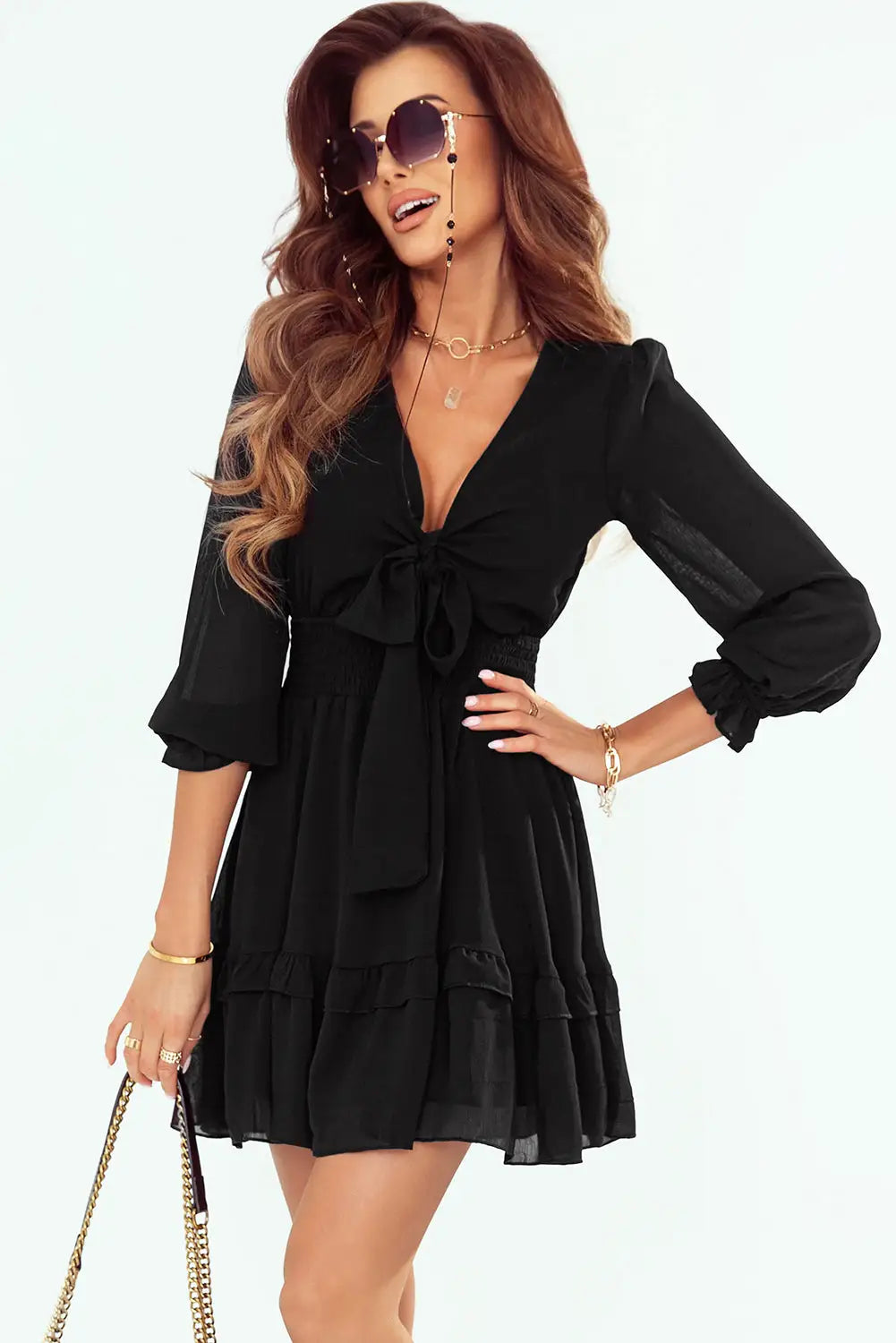 Black Deep V Neck Lantern Sleeve Knotted Tiered Mini Dress-3