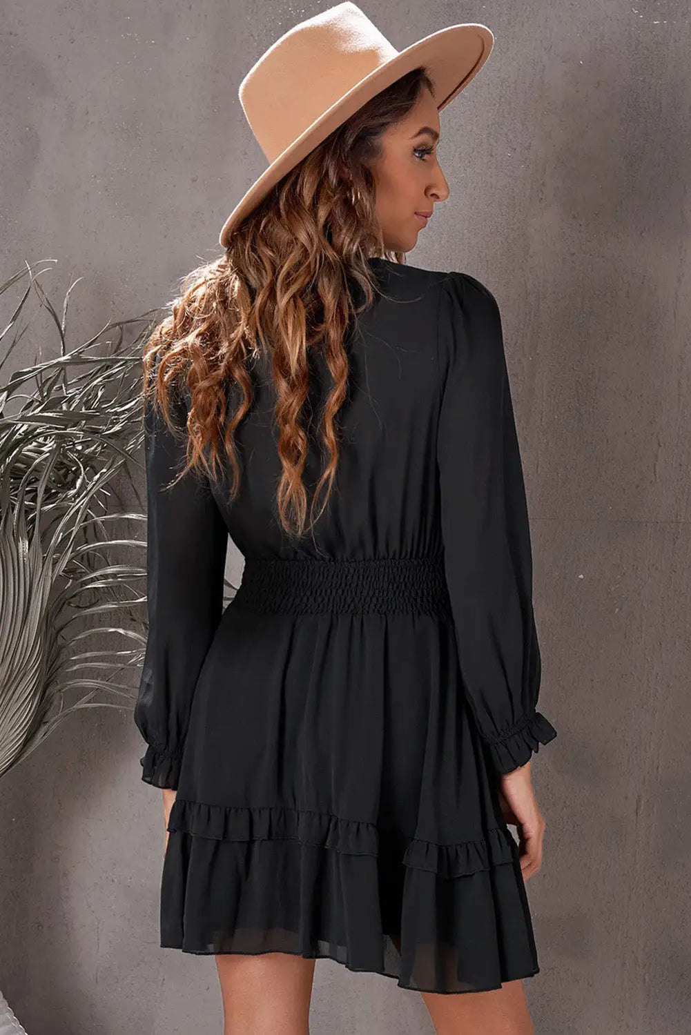 Black Deep V Neck Lantern Sleeve Knotted Tiered Mini Dress-8