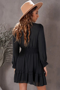 Thumbnail for Black Deep V Neck Lantern Sleeve Knotted Tiered Mini Dress-8