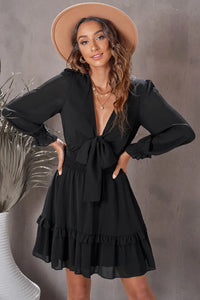 Thumbnail for Black Deep V Neck Lantern Sleeve Knotted Tiered Mini Dress-10