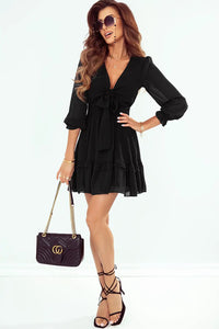 Thumbnail for Black Deep V Neck Lantern Sleeve Knotted Tiered Mini Dress-5