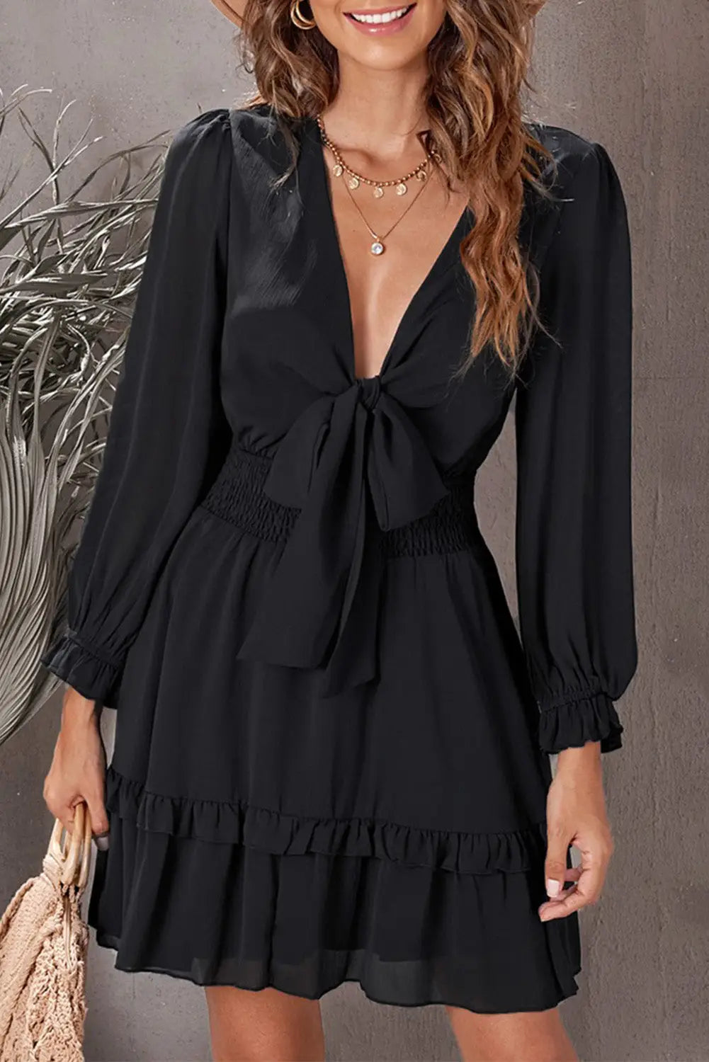 Black Deep V Neck Lantern Sleeve Knotted Tiered Mini Dress-7