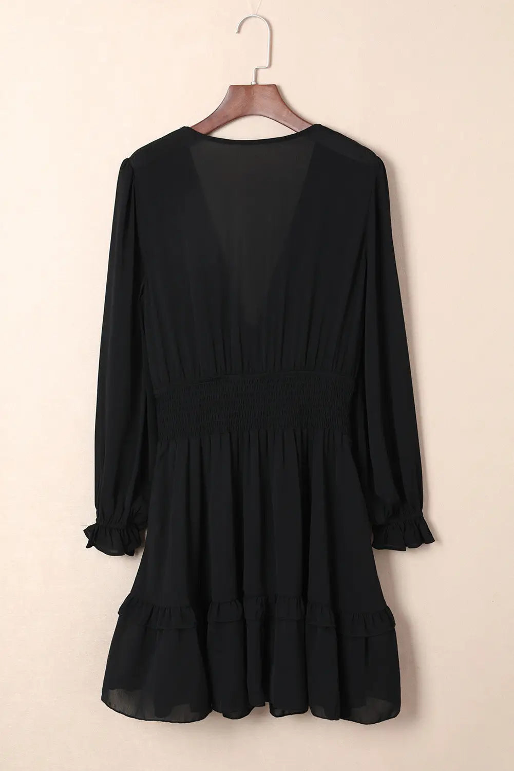 Black Deep V Neck Lantern Sleeve Knotted Tiered Mini Dress-15