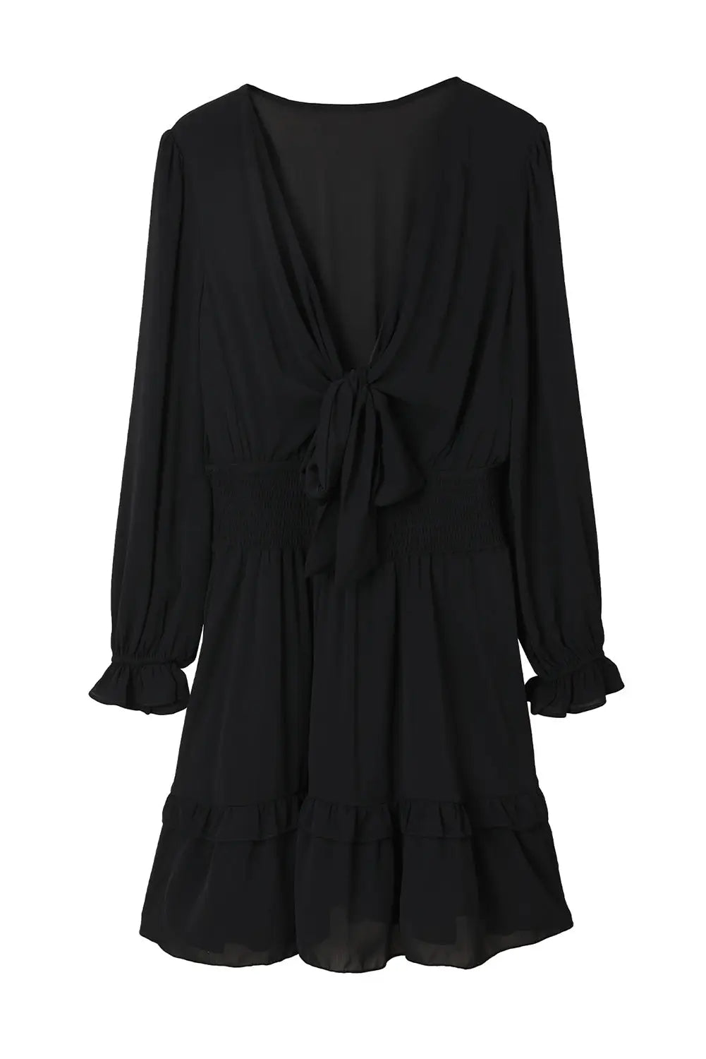 Black Deep V Neck Lantern Sleeve Knotted Tiered Mini Dress-22