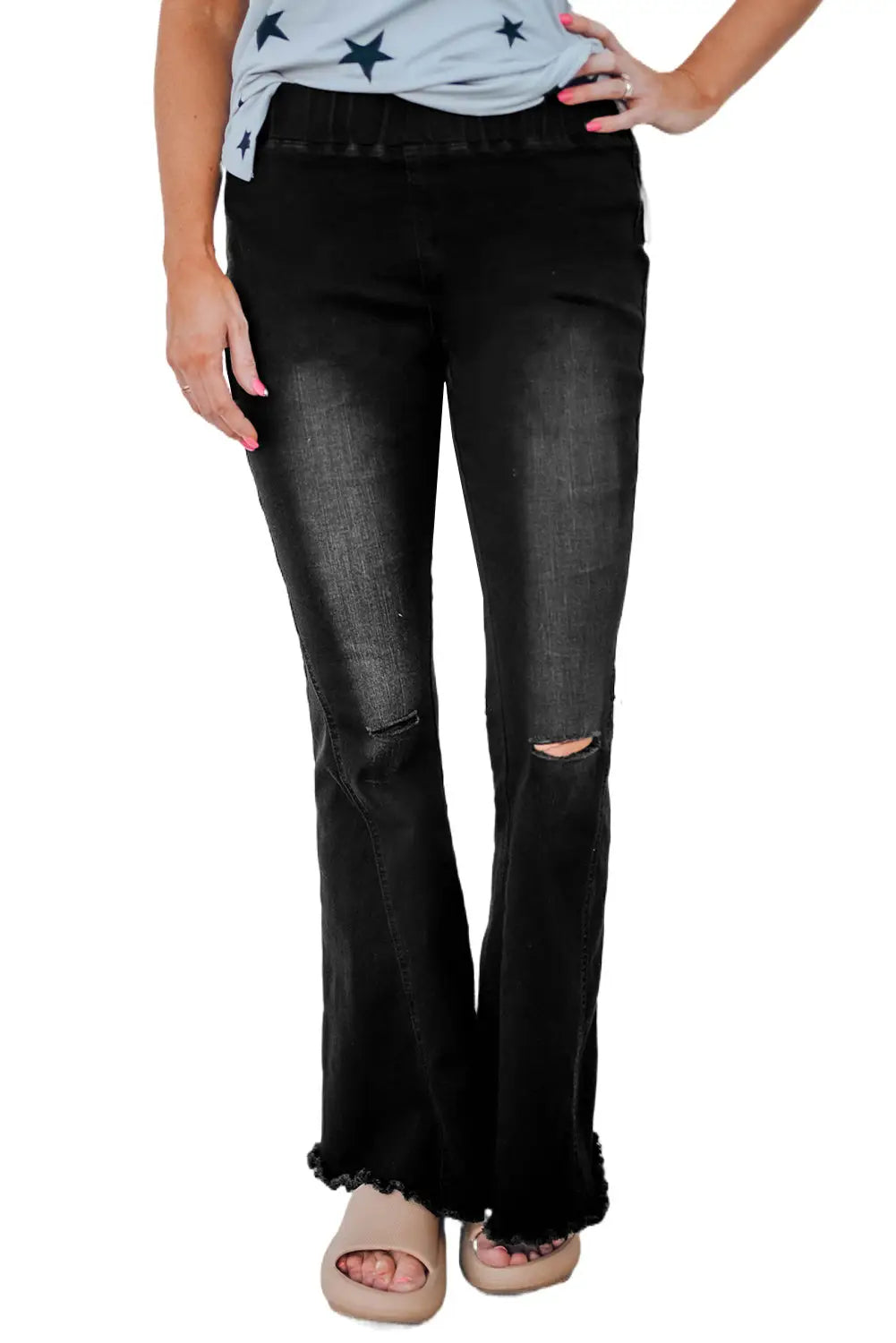 Black Distressed Bell Bottom Denim Pants-12