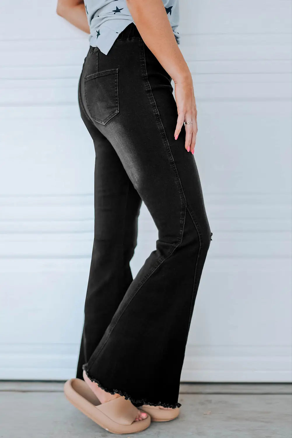 Black Distressed Bell Bottom Denim Pants-2