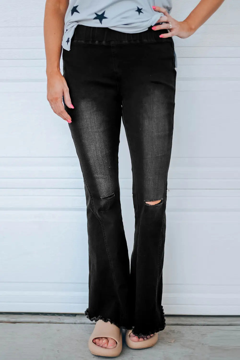 Black Distressed Bell Bottom Denim Pants-0