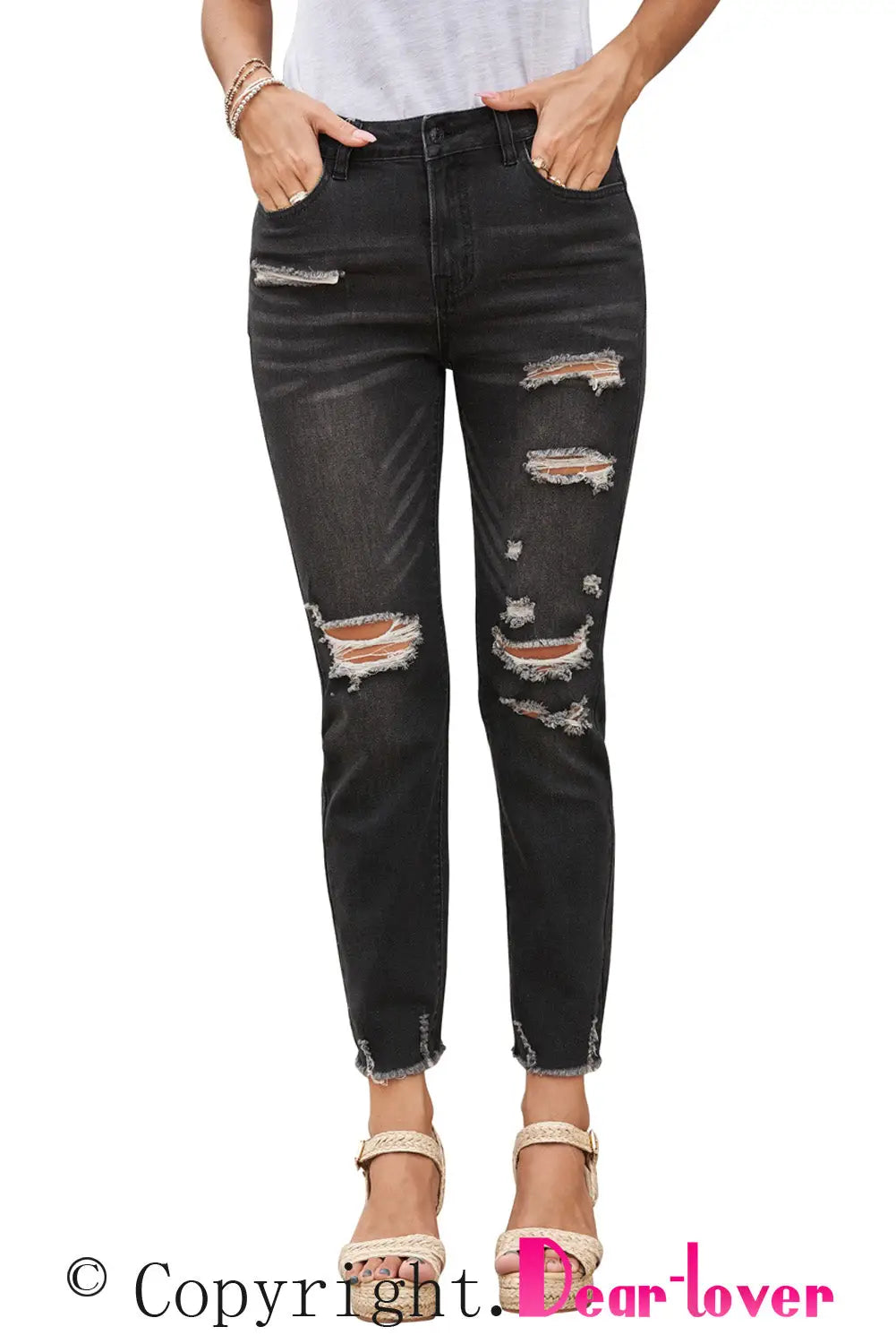 Black Distressed Boyfriend Denim Pants-17