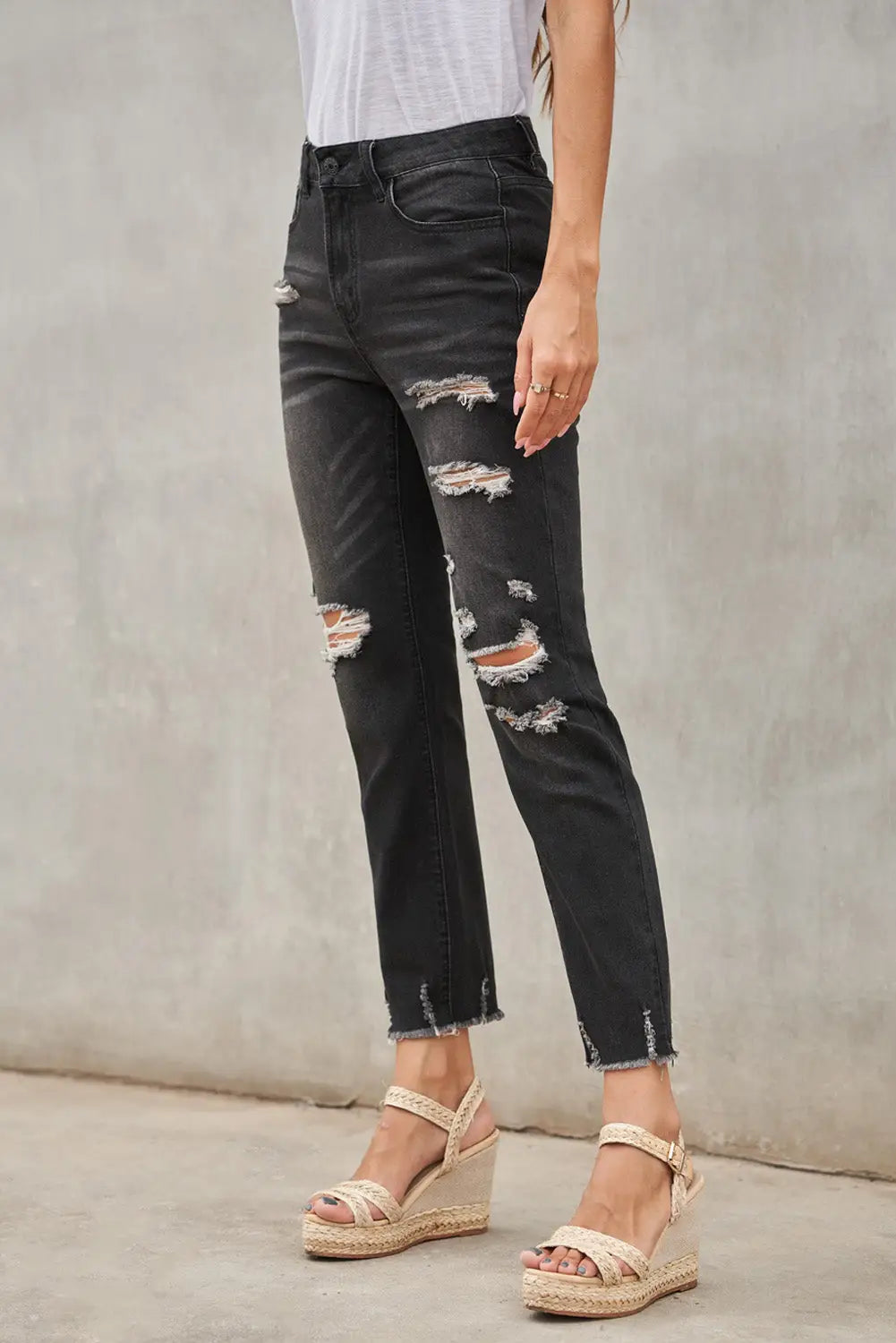 Black Distressed Boyfriend Denim Pants-2