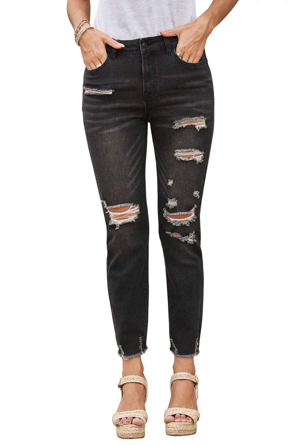 Black Distressed Boyfriend Denim Pants-15