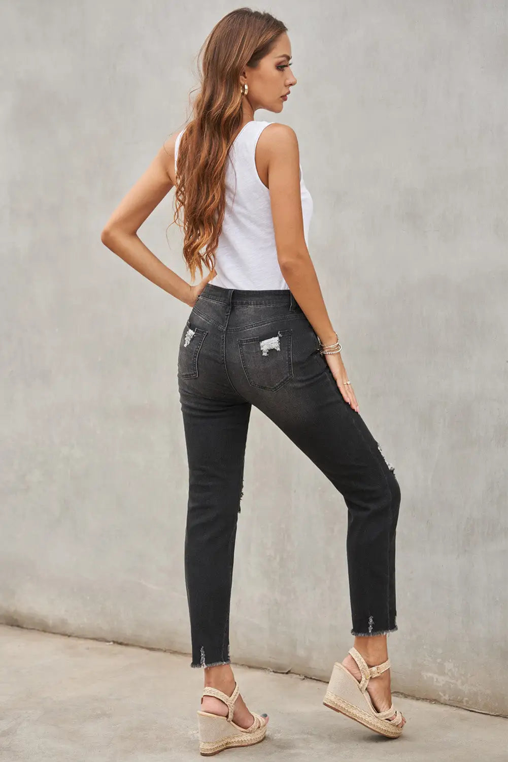 Black Distressed Boyfriend Denim Pants-1