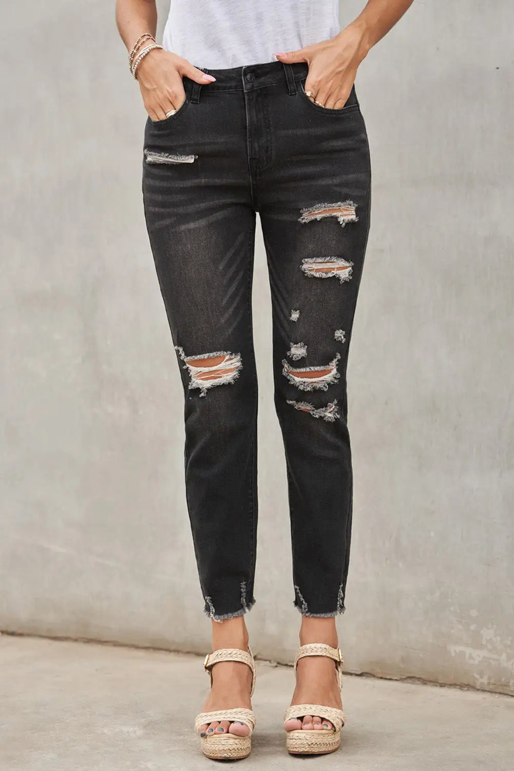 Black Distressed Boyfriend Denim Pants-0