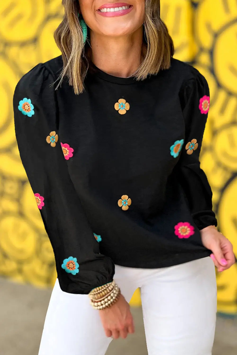 Black Embroidered Flower Short Puff Sleeve Tee-26