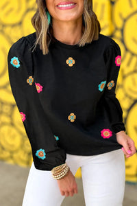 Thumbnail for Black Embroidered Flower Short Puff Sleeve Tee-26