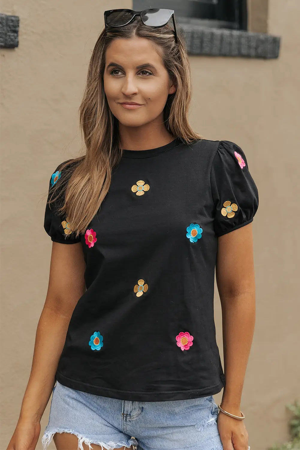 Black Embroidered Flower Short Puff Sleeve Tee-0