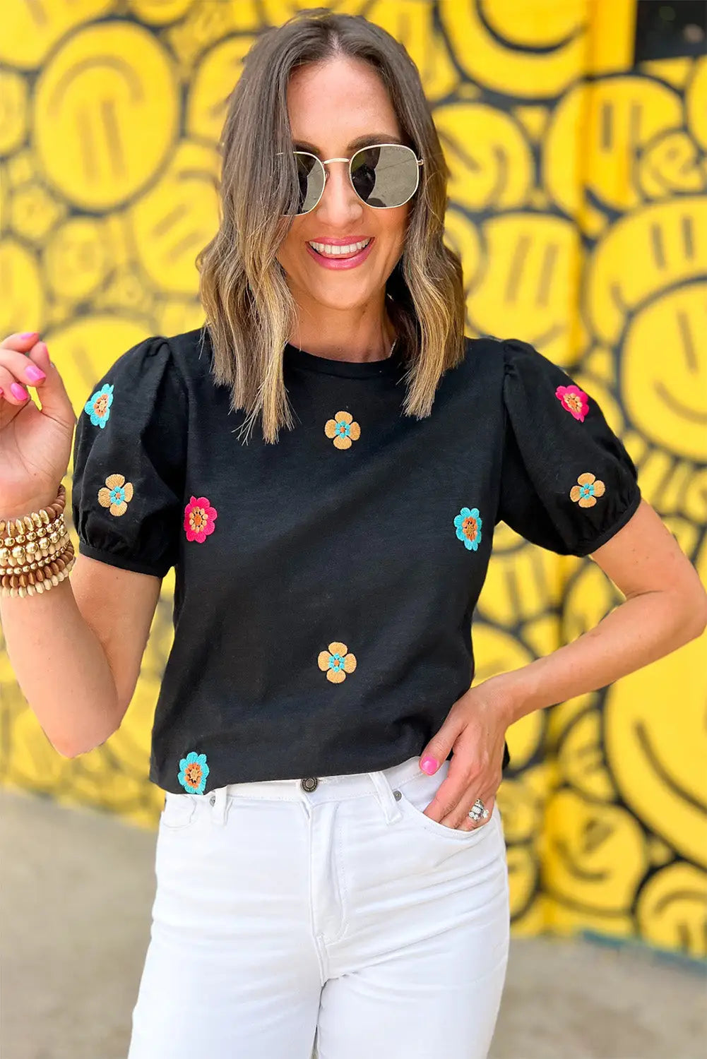 Black Embroidered Flower Short Puff Sleeve Tee-10