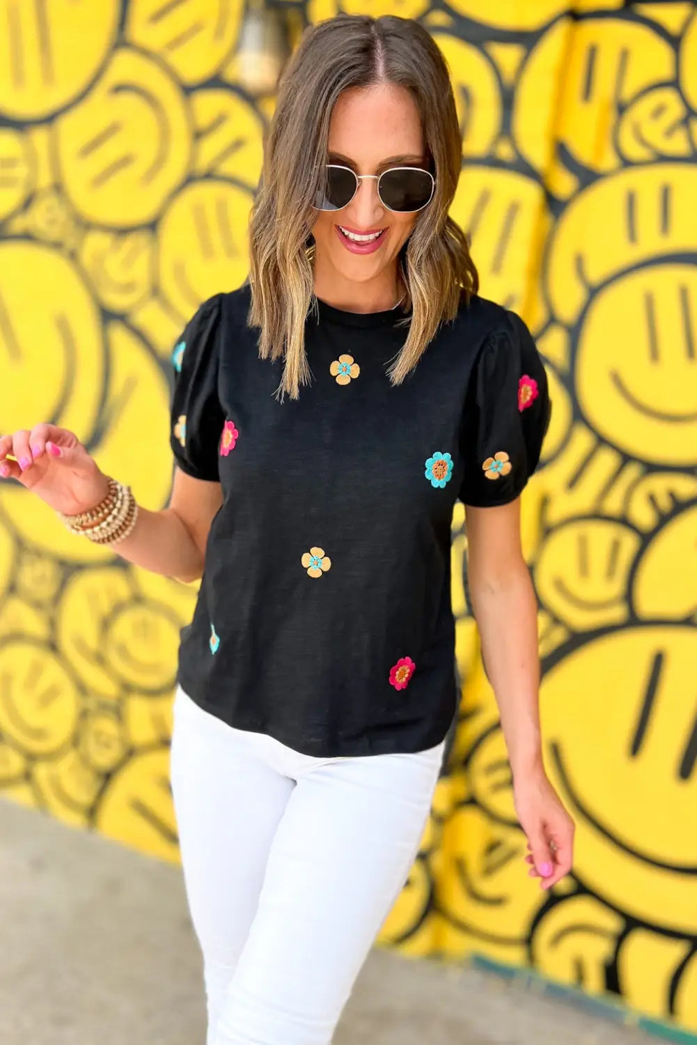 Black Embroidered Flower Short Puff Sleeve Tee-9