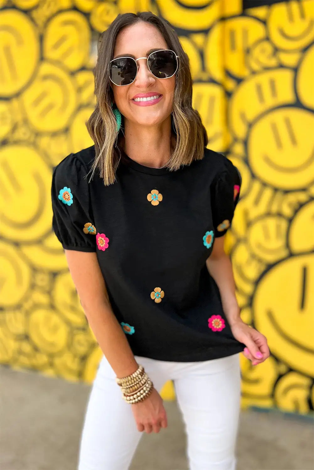 Black Embroidered Flower Short Puff Sleeve Tee-11