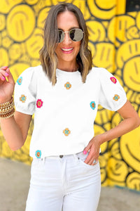 Thumbnail for Black Embroidered Flower Short Puff Sleeve Tee-24