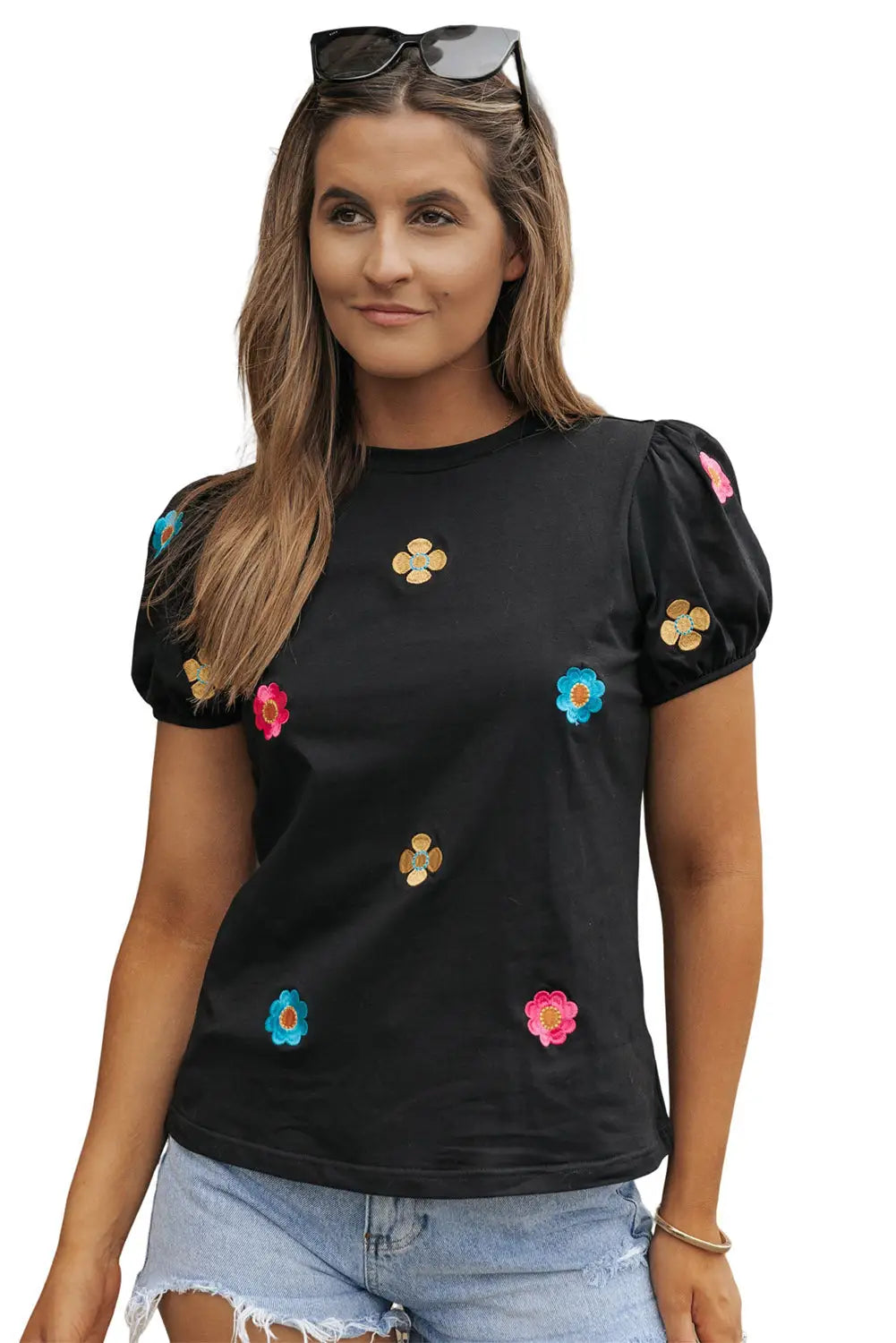 Black Embroidered Flower Short Puff Sleeve Tee-19